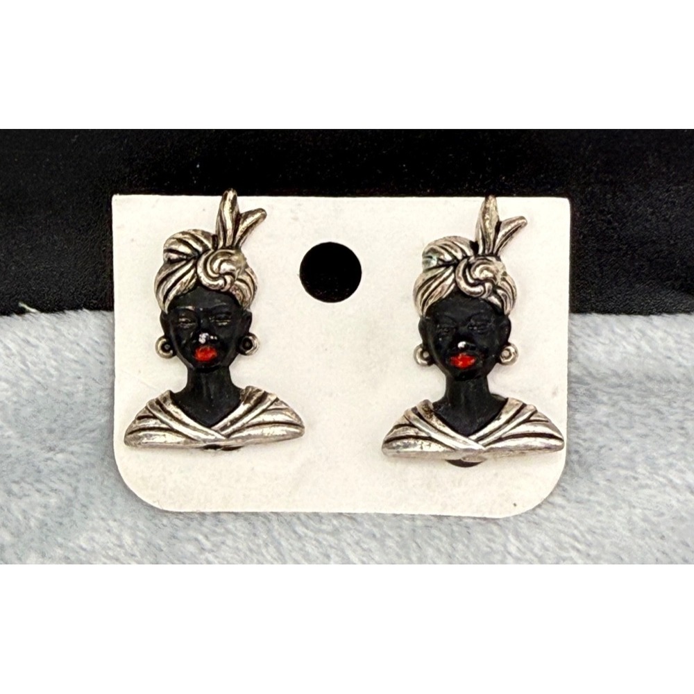 Vintage Estate Clip On Earrings Silver Black Red Turban Figural
